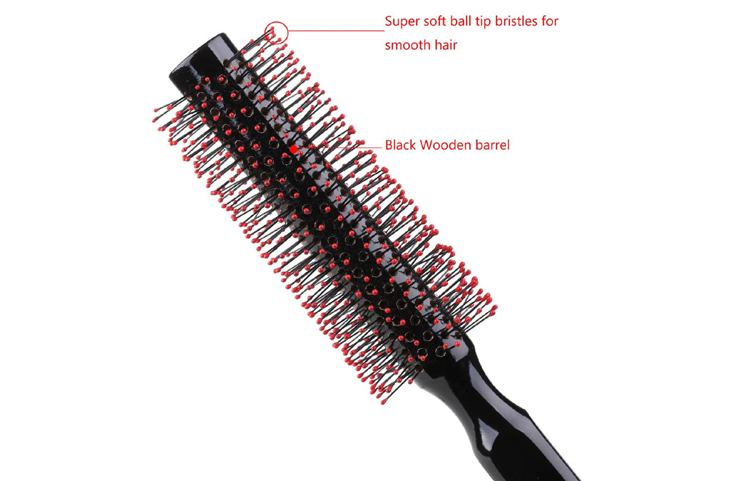 Small Round Hair Brush for Blow Drying with Soft Nylon Bristles-Wooden Handle