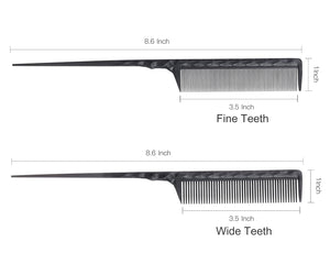 Perfehair Heat Resistant Rat Tail Combs for Flat Iron Straightening, 2 Pieces Carbon Fiber Anti Static Styling Combs for Women, Fine and Wide Teeth, Black